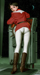 Rule 34 | 1girl, ass, boots, brown eyes, brown hair, earth (planet), from behind, full body, gundam, highres, jacket, leaning forward, leggings, looking at viewer, looking back, military, military uniform, mirai yashima, mobile suit gundam, pantyhose, pantylines, planet, python (snake legs), red jacket, short hair, solo, space, standing, star (sky), uniform, white pantyhose