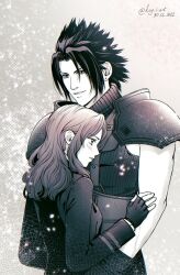 Rule 34 | 1boy, 1girl, armor, belt, black gloves, black hair, black jacket, blush, breasts, cissnei, crisis core final fantasy vii, dated, earrings, final fantasy, final fantasy vii, fingerless gloves, gloves, grey background, greyscale, hair slicked back, hand on another&#039;s arm, highres, jacket, jewelry, kay-i, long hair, long sleeves, medium breasts, monochrome, multiple belts, parted bangs, parted lips, shoulder armor, single earring, sleeveless, sleeveless turtleneck, smile, suit jacket, suspenders, toned, toned male, turtleneck, twitter username, upper body, wavy hair, zack fair