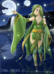 Rule 34 | 1990s (style), 1girl, boots, cape, character name, copyright name, detached sleeves, elbow gloves, final fantasy, final fantasy iv, gloves, green hair, green thighhighs, highres, kuroboshi roki, moon, multiple moons, aged up, purple eyes, retro artstyle, rydia (ff4), soaking feet, solo, thigh boots, thighhighs, wading, water, yellow footwear