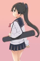 Rule 34 | 10s, 1girl, bag, black hair, blush, bow, brown eyes, cowboy shot, from behind, hair bow, holding, houshou (kancolle), kantai collection, long hair, looking at viewer, looking back, parted lips, pink background, pleated skirt, ponytail, school uniform, serafuku, simple background, skirt, solo, takayaki