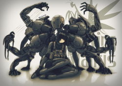 Rule 34 | 1girl, black eyes, black hair, blunt bangs, bodysuit, boots, extra arms, gloves, latex, metal gear (series), metal gear solid 4: guns of the patriots, pouch, power suit, puppet, robce lee, screaming mantis, short hair, sitting, skin tight, solo, vest
