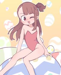 Rule 34 | 1girl, arm support, asymmetrical bangs, bare legs, bare shoulders, blunt bangs, blush, brown hair, collarbone, commentary, dot nose, easter, easter egg, egg, english commentary, feet out of frame, flat chest, gradient background, highres, kagari atsuko, leotard, little witch academia, long hair, looking at viewer, one eye closed, one side up, open mouth, orenji (orenjipiiru), outline, oversized object, playboy bunny, rabbit tail, red eyes, red leotard, side ponytail, single sidelock, sitting, smile, solo, straight hair, strapless, strapless leotard, tail, white outline, yellow background