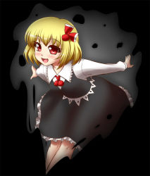 Rule 34 | 1girl, black background, blonde hair, blush, darkness, hair ribbon, long sleeves, mazume, open mouth, outstretched arms, red eyes, ribbon, rumia, short hair, skirt, smile, solo, touhou