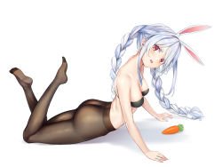 Rule 34 | 1girl, animal ear fluff, animal ears, arm support, ass, bare shoulders, black bra, black pantyhose, blue hair, blush, bra, braid, breasts, carrot, carrot hair ornament, feet up, food-themed hair ornament, from side, full body, hair ornament, highres, hololive, long hair, looking at viewer, multicolored hair, no panties, open mouth, pantyhose, rabbit ears, rabbit girl, rabbit tail, short eyebrows, solo, tail, terebi (shimizu1996), thick eyebrows, twin braids, two-tone hair, underwear, usada pekora, virtual youtuber, white hair