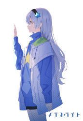 Rule 34 | 1girl, absurdres, black hairband, black shorts, blue eyes, blue shirt, commentary request, drawstring, fuyuno yuuki, grey hair, hair between eyes, hair ornament, hairband, hand up, high collar, highres, jacket, kamitsubaki studio, long hair, long sleeves, looking away, open clothes, open jacket, parted lips, puffy long sleeves, puffy sleeves, sekai (cevio), shirt, short shorts, shorts, simple background, sleeves past wrists, solo, standing, star (symbol), star hair ornament, very long hair, vocaloid, white background, white jacket