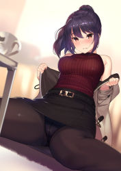 Rule 34 | 1girl, bad id, bad tumblr id, bare shoulders, belt, black panties, black pantyhose, blush, breasts, brown eyes, coat, commentary request, crotch seam, cup, duffel coat, highres, kagematsuri, large breasts, looking at viewer, miniskirt, mug, original, panties, panties under pantyhose, pantyhose, pantyshot, parted lips, ponytail, purple hair, ribbed sweater, sitting, skirt, sleeveless, smile, solo, sweater, sweater vest, table, underwear, upskirt, wariza