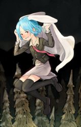 Rule 34 | 1girl, animal ears, black footwear, black thighhighs, blazer, blue hair, buttons, crescent, full body, grey skirt, hands up, highres, jacket, long sleeves, looking at viewer, miniskirt, necktie, night, outdoors, permanentlow, rabbit ears, red eyes, red necktie, reisen, shoes, skirt, smile, solo, thighhighs, touhou, tree