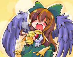 Rule 34 | 1girl, adapted costume, bird wings, brown hair, can, commentary request, closed eyes, hair bun, long hair, long sleeves, open mouth, reiuji utsuho, scarf, shinapuu, shirt, skirt, smile, solo, third eye, touhou, translation request, very long hair, wings, winter clothes