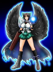 Rule 34 | 1girl, arm cannon, aura, belt, black gloves, black hair, black socks, black wings, blouse, bow, breasts, cape, feathered wings, gloves, green skirt, hair bow, highres, kneehighs, large breasts, loafers, long hair, microskirt, puffy short sleeves, puffy sleeves, red eyes, reiuji utsuho, shirt, shoes, short sleeves, skirt, socks, tasuro115, tasuro kuzuha, thighs, touhou, weapon, white shirt, wings