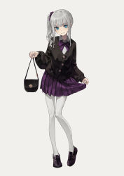 1girl absurdres bag black_cardigan black_footwear blue_eyes bow bowtie cardigan collared_shirt commentary grey_background grey_hair handbag highres holding holding_bag loafers long_hair long_sleeves looking_at_viewer original pantyhose parted_lips pleated_skirt purple_bow purple_bowtie purple_skirt school_uniform shirt shoes side_ponytail simple_background skirt skirt_hold solo white_pantyhose white_shirt yoon_cook