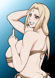 Rule 34 | 1girl, ass, back, bare back, blonde hair, breasts, brown eyes, butt crack, facial mark, female focus, forehead, forehead mark, grin, highres, huge breasts, naruho, naruto, naruto (series), smile, solo, teeth, tsunade (naruto)
