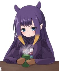 Rule 34 | 1girl, :o, animal ears, blue eyes, blunt bangs, blush, cup, gradient hair, highres, hololive, hololive english, japanese clothes, kimono, long hair, maddosai, mittens, mole, mole under eye, multicolored hair, ninomae ina&#039;nis, ninomae ina&#039;nis (new year), official alternate costume, open mouth, orange hair, pointy ears, print kimono, purple hair, sidelocks, simple background, solo, tentacle hair, upper body, very long hair, virtual youtuber, white background, yunomi