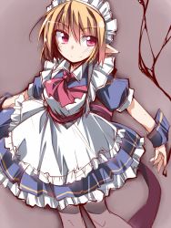 Rule 34 | 1girl, ascot, blonde hair, breasts, collared shirt, dress, hemogurobin a1c, looking at viewer, maid, maid headdress, mugetsu (touhou), necktie, pantyhose, pointy ears, puffy short sleeves, puffy sleeves, red eyes, sash, shirt, short hair, short sleeves, smile, solo, touhou, touhou (pc-98), wrist cuffs