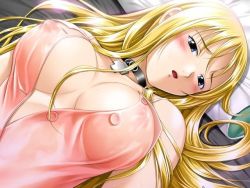 Rule 34 | 1girl, bed, blonde hair, blue eyes, blush, breasts, choker, close-up, covered erect nipples, dutch angle, from above, game cg, honda naoki, large breasts, lime-iro senkitan, long hair, lying, no bra, on back, open clothes, open mouth, open shirt, pillow, see-through, shirt, solo, sophia (lime-iro senkitan), very long hair, wet, wet clothes