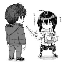 1boy 1other ahoge androgynous black_hair black_leggings braid contemporary down_jacket fate/samurai_remnant fate_(series) food greyscale hair_over_shoulder high_collar highres holding holding_food holding_pocky hood hood_down hooded_jacket jacket leggings leggings_under_shorts long_hair long_sleeves low_ponytail miyamoto_iori_(fate) monochrome mugetsu2501 pants pocky pocky_day shoes short_ponytail shorts sidelocks single_braid sweat translated white_jacket yamato_takeru_(fate) zipper