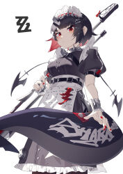 Rule 34 | 1girl, absurdres, apron, awmin, black dress, black hair, breasts, closed mouth, colored inner hair, commentary request, cowboy shot, dress, ellen joe, fins, fish tail, frown, highres, holding, holding weapon, looking at viewer, looking down, maid, maid apron, maid headdress, medium breasts, mole, mole under eye, multicolored hair, pink hair, puffy short sleeves, puffy sleeves, red eyes, red nails, shark tail, short hair, short sleeves, simple background, solo, standing, tail, waist apron, weapon, white apron, white background, wrist cuffs, zenless zone zero