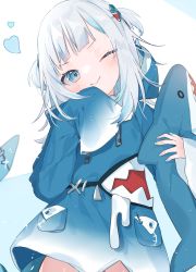 Rule 34 | 1girl, ;&gt;, blue background, blue eyes, blue hair, blue hoodie, blue nails, blush, commentary request, drawstring, fins, fish tail, gawr gura, gawr gura (1st costume), hair ornament, head tilt, heart, highres, hololive, hololive english, hood, hood down, hoodie, hugging object, long sleeves, looking at viewer, mokyuko, multicolored hair, nail polish, romaji commentary, silver hair, sleeves past fingers, sleeves past wrists, solo, streaked hair, stuffed animal, stuffed shark, stuffed toy, tail, two-tone background, two side up, v-shaped eyebrows, virtual youtuber, white background