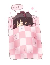 Rule 34 | 1girl, black hair, blush, bow, cellphone, chibi, commentary request, covered mouth, frilled pillow, frills, hair between eyes, hair bow, hat, highres, himekaidou hatate, lying, mini hat, on side, phone, pillow, purple bow, purple hat, simple background, solo, tokin hat, totoharu (kujirai minato), touhou, translation request, twintails, under covers, white background