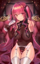 Rule 34 | 1girl, alcohol, bishooji, blush, breasts, breasts apart, chair, commentary request, covered navel, cup, drinking glass, feet out of frame, garter belt, garter straps, heterochromia, highres, hololive, houshou marine, large breasts, leotard, long hair, looking at viewer, red eyes, red hair, seat, see-through, see-through leotard, sitting, solo, spilling, sweat, sword, thighhighs, thighs, twintails, virtual youtuber, wakamezake, wavy mouth, weapon, white thighhighs, wine, wine glass, yellow eyes