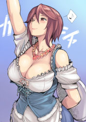 Rule 34 | 00s, 1girl, arm behind back, arm up, bare shoulders, barmaid, blush, breasts, brown eyes, brown hair, cleavage, cleavage cutout, clothing cutout, corset, dirndl, flower, flower necklace, german clothes, hair between eyes, jewelry, large breasts, musical note, necklace, oktoberfest, aged up, reaching, rozen maiden, short hair, smile, solo, souseiseki, traditional clothes, tray, tsuda nanafushi, underbust