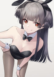 Rule 34 | 1girl, absurdres, animal ears, bent over, black hair, black leotard, black pantyhose, bow, bowtie, breasts, brown eyes, cleavage, collarbone, commentary request, detached collar, fake animal ears, feet out of frame, foreshortening, grey background, hand on own hip, highres, idolmaster, idolmaster shiny colors, leaning forward, leotard, long hair, looking at viewer, mayuzumi fuyuko, medium breasts, megurumiru, pantyhose, playboy bunny, rabbit ears, rabbit tail, simple background, smile, solo, standing, tail, two side up, wrist cuffs