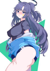 Rule 34 | 1girl, absurdres, black shirt, blue archive, blue buruma, blue jacket, blush, breasts, buruma, gym uniform, halo, highres, id card, jacket, lanyard, large breasts, long hair, long sleeves, looking at viewer, official alternate costume, parted bangs, partially unzipped, plump, ponytail, purple eyes, purple hair, santa (sunflower), shirt, solo, star (symbol), sticker on face, thick thighs, thighs, track jacket, yuuka (blue archive), yuuka (track) (blue archive)