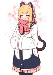 Rule 34 | 1girl, :d, absurdres, animal ear headphones, animal ears, black pantyhose, blonde hair, blue archive, blush, closed eyes, coat, commentary request, earmuffs, facing viewer, fake animal ears, floral background, frilled coat, frills, halo, hands in opposite sleeves, headphones, highres, long hair, momoi (blue archive), moyoron, open mouth, pantyhose, pink scarf, scarf, sidelocks, simple background, smile, solo, tail, v-shaped eyebrows, white background, white coat, wide sleeves
