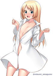 Rule 34 | 1girl, alternate costume, blonde hair, blue eyes, collarbone, commentary request, cowboy shot, dress shirt, flat chest, highres, jervis (kancolle), kantai collection, long hair, looking at viewer, misumi amagumo, naked shirt, one-hour drawing challenge, shirt, simple background, smile, solo, standing, twitter username, white background