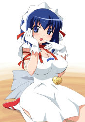 Rule 34 | 00s, 1girl, :o, blue eyes, blue hair, blush, bow, breasts, choker, cleavage, dress, full body, gloves, hairband, hand on own cheek, hand on own face, heart, kneeling, kokubunji koyori, large breasts, looking at viewer, maid, matching hair/eyes, name tag, nurse witch komugi-chan, okamura hijiki, open mouth, red bow, red footwear, shoes, short hair, skirt, solo, white gloves, white legwear, white skirt