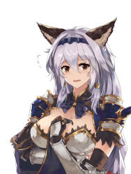 Rule 34 | 10s, 1girl, animal ears, armor, armored dress, blurry, braid, breast hold, breasts, brown eyes, cat ears, erune, gauntlets, granblue fantasy, hair between eyes, hair intakes, hair tubes, hairband, hand on own chest, heles, highres, long hair, looking at viewer, open mouth, shoulder armor, shy, silver hair, simple background, single braid, solo, pauldrons, very long hair, wavy mouth, white background, white crow