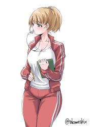 Rule 34 | 1girl, alternate costume, black shirt, blouse, blue eyes, breasts, brown hair, cleavage, commentary request, gym shirt, highres, holding, holding pencil, intrepid (kancolle), kantai collection, large breasts, looking to the side, one-hour drawing challenge, pencil, ponytail, red track suit, shirt, short hair, simple background, solo, takomeshi, twitter username, whistle, white background, white shirt