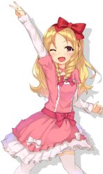 Rule 34 | 1girl, ;d, arm up, blonde hair, blush, bow, brown eyes, dress, eromanga sensei, hair bow, highres, layered dress, long hair, one eye closed, open mouth, pink dress, red bow, shadow, smile, solo, standing, thighhighs, v, white background, white bow, white thighhighs, yamada elf, yuuki nao (pixiv10696483)