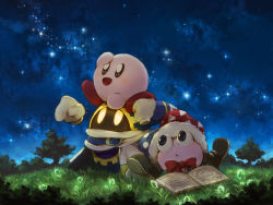 Rule 34 | book, bow, dew-spiegel, gloves, grass, hat, kirby, kirby (series), magolor, marx (kirby), night, night sky, nintendo, no arms, no humans, open mouth, rayman limbs, sky, smile, star (sky), tree, yellow eyes