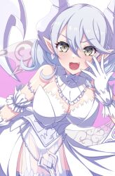 Rule 34 | 1girl, breasts, cleavage, demon girl, demon horns, demon wings, dress, duel monster, gloves, horns, large breasts, looking at viewer, lovely labrynth of the silver castle, low wings, pointy ears, solo, takkayuuki, thighhighs, twintails, white hair, wings, yellow eyes, yu-gi-oh!