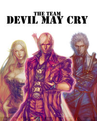 Rule 34 | 1girl, 2boys, blonde hair, breasts, brothers, capcom, dante (devil may cry), devil may cry (series), devil may cry 4, et.m, fingerless gloves, gloves, large breasts, long coat, multiple boys, siblings, trish (devil may cry), vergil (devil may cry), white hair