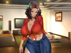 Rule 34 | 1girl, arms at sides, blush, breasts, brown hair, carpet, cleavage, couch, cowboy shot, dark-skinned female, dark skin, female focus, groin, happy, high ponytail, huge breasts, indoors, legs, long hair, looking at viewer, maeda r44, midriff, mole, mole under mouth, ninki gaikokujin hitozuma anita no shiranai sekai, one side up, open mouth, original, picture frame, rug, skirt, smile, solo, standing, table, television, thighs, wi-fe hacker, yellow eyes