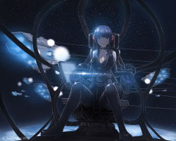 Rule 34 | 10s, 2015, artist name, blue eyes, blue hair, breasts, cleavage, cockpit, dated, dead-robot, explosion, long hair, looking at viewer, pilot suit, planet, sitting, solo, space, spacecraft, star (sky), star (symbol)