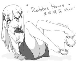 Rule 34 | 1girl, ass, bare legs, barefoot, between toes, blush, chinese text, closed mouth, cup, feet, holding with feet, full body, gochuumon wa usagi desu ka?, greyscale, hair between eyes, hair ornament, hatsunatsu, kafuu chino, long hair, long sleeves, monochrome, pouring, rabbit house uniform, shirt, skirt, sleeves past wrists, solo, sweat, teacup, teapot, toes, translation request, trembling, twitter username, uniform, very long hair, vest, waitress, white background, x hair ornament