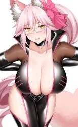 Rule 34 | 1girl, :d, absurdres, animal ear fluff, animal ears, arind yudha, black bodysuit, black gloves, blush, bodysuit, breasts, cleavage, collarbone, elbow gloves, fate/grand order, fate (series), fox ears, fox girl, glasses, gloves, hair ribbon, highres, hip vent, koyanskaya (assassin) (first ascension) (fate), koyanskaya (fate), large breasts, long hair, looking at viewer, open mouth, pink hair, pink ribbon, ponytail, ribbon, simple background, smile, solo, tamamo (fate), thighs, white background, yellow eyes