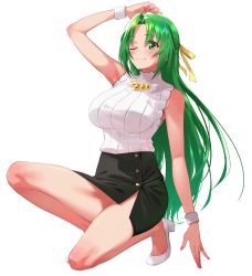 Rule 34 | 1girl, ;), arm up, armpits, bare arms, bare shoulders, black skirt, blush, breasts, buttons, closed mouth, fingernails, full body, green eyes, hair ribbon, half updo, high heels, highres, higurashi no naku koro ni, ice reizou, jewelry, large breasts, long hair, looking away, miniskirt, necklace, one eye closed, on one knee, parted bangs, pencil skirt, ribbed sweater, ribbon, shoes, side slit, simple background, skirt, sleeveless, sleeveless sweater, sleeveless turtleneck, smile, solo, sonozaki shion, sweater, turtleneck, very long hair, white background, white footwear, white sweater, wristband, yellow ribbon