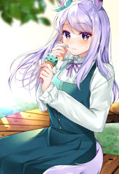 Rule 34 | 1girl, absurdres, animal ears, bad id, bad pixiv id, blue dress, blurry, blurry background, blush, closed mouth, commentary request, depth of field, dress, food, food on face, hands up, highres, holding, holding food, horse ears, horse girl, horse tail, ice cream, ice cream cone, long hair, long sleeves, mejiro mcqueen (umamusume), neck ribbon, purple eyes, purple hair, purple ribbon, ribbon, shirt, sitting, sleeveless, sleeveless dress, sleeves past wrists, solo, sweat, tail, umamusume, very long hair, white shirt, yam (yamap mako)