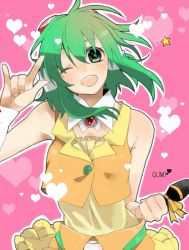Rule 34 | 1girl, \m/, bad id, bad pixiv id, bare shoulders, goggles, goggles on head, green eyes, green hair, gumi, heart, isg, matching hair/eyes, microphone, nakajima megumi, one eye closed, open mouth, seikan hikou, voice actor connection, short hair, short hair with long locks, solo, star (symbol), vocaloid, wing collar, wink, wrist cuffs