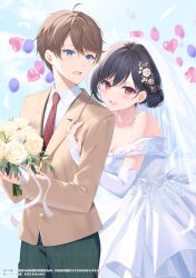 Rule 34 | 1boy, 1girl, :d, balloon, black hair, blue eyes, blue sky, bouquet, breasts, bridal gauntlets, brown hair, brown jacket, cleavage, cloud, collared shirt, commentary request, commission, day, dress, flower, hair between eyes, hair bun, heart balloon, highres, holding, holding bouquet, jacket, jewelry, medium breasts, myusha, necklace, necktie, off-shoulder dress, off shoulder, open mouth, original, outdoors, pants, pearl necklace, plaid necktie, red eyes, red necktie, rose, shirt, sky, smile, wedding dress, white dress, white shirt, yellow flower, yellow rose