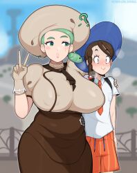 Rule 34 | 2girls, afrobull, age difference, alternate breast size, apron, ascot, belly, blush, braid, breasts, brown ascot, brown hair, brown skirt, buttons, collared shirt, confused, covered erect nipples, creatures (company), curvy, game freak, gloves, green eyes, green hair, hat, height difference, highres, huge breasts, juliana (pokemon), katy (pokemon), light green hair, long hair, mature female, mole, mole on cheek, multiple girls, naranja academy school uniform, necktie, nervous smile, nintendo, open mouth, plump, pokemon, pokemon sv, puffy short sleeves, puffy sleeves, school uniform, shirt, short sleeves, side ponytail, skirt, smile