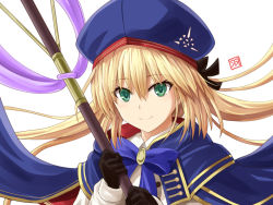 Rule 34 | 1girl, artoria caster (fate), artoria caster (second ascension) (fate), artoria pendragon (fate), blonde hair, commentary request, fate/grand order, fate (series), gloves, green eyes, hair between eyes, hat, haura akitoshi, holding, holding staff, long hair, long sleeves, looking at viewer, simple background, smile, solo, staff, upper body, white background