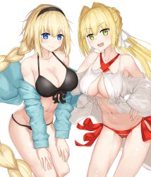 Rule 34 | 2girls, absurdres, bikini, bikini under clothes, black one-piece swimsuit, blonde hair, blue eyes, blush, fate/apocrypha, fate/extra, fate/grand order, fate (series), flower, green eyes, hair intakes, highres, hoshibudou, jeanne d&#039;arc (fate), jeanne d&#039;arc (ruler) (fate), jeanne d&#039;arc (swimsuit archer) (fate), jeanne d&#039;arc (swimsuit archer) (first ascension) (fate), looking at viewer, multiple girls, nero claudius (fate), nero claudius (fate) (all), nero claudius (swimsuit caster) (fate), nero claudius (swimsuit caster) (third ascension) (fate), one-piece swimsuit, open mouth, red sweater, ribbon, rose, simple background, smile, sweater, swimsuit, swimsuit under clothes, white background, white flower, white ribbon, white rose