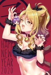 Rule 34 | 2020, 2girls, :d, @ @, animal ears, bad id, bad pixiv id, bare shoulders, beamed eighth notes, bell, black nails, black panties, blonde hair, blush, braid, breasts, cat ears, cat girl, cat tail, chibi, christina (princess connect!), cleavage, collar, collarbone, commentary request, crop top, eighth note, eyebrows hidden by hair, flying sweatdrops, fur trim, groin, happy new year, high ponytail, highres, holding, ichiren namiro, jingle bell, jun (princess connect!), kemonomimi mode, long hair, medium breasts, mini person, minigirl, mouse ears, mouse girl, mouse tail, multiple girls, musical note, nail polish, navel, neck bell, new year, open mouth, panties, parted bangs, ponytail, princess connect!, purple eyes, purple hair, red collar, side-tie panties, sidelocks, smile, tail, underwear, v-shaped eyebrows, yellow eyes