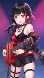 Rule 34 | 1girl, :o, absurdres, bad id, bad twitter id, bang dream!, bare shoulders, black choker, black jacket, black shorts, blush, breasts, chain, choker, cleavage, collarbone, commentary request, cowboy shot, electric guitar, guitar, highres, instrument, jacket, light particles, long sleeves, looking at viewer, medium breasts, microphone, microphone stand, mitake ran, multicolored hair, music, off shoulder, open clothes, open jacket, open mouth, playing instrument, plectrum, purple eyes, red hair, short hair, short shorts, shorts, sidelocks, solo, standing, strapless, streaked hair, sweatdrop, thigh strap, thighs, tokkyu, v-shaped eyebrows