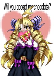 Rule 34 | 1girl, antenna hair, bare shoulders, belt, black dress, blonde hair, bow, brown eyes, chocolate, covered mouth, detached sleeves, dress, dress bow, drill hair, english text, food, frilled dress, frills, goat horns, highres, holding, holding chocolate, holding food, horns, long hair, looking at viewer, original, oyluser0715, purple bow, solo, standing, twin drills, upper body, valentine