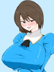 Rule 34 | 1girl, agent aika, aika (series), artist request, black eyes, blue delmo, blush, breasts, brown hair, ascot, delmo, covered erect nipples, highres, jacket, large breasts, looking at viewer, open mouth, short hair, smile, solo, upper body